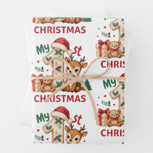 My First 1st Christmas Baby Deer Santa Hat Holiday Wrapping Paper Sheet