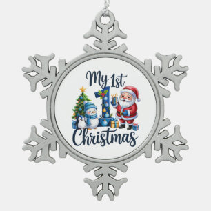 My First 1st Christmas Blue Baby Boy Xmas Snowman Snowflake Pewter Christmas Ornament