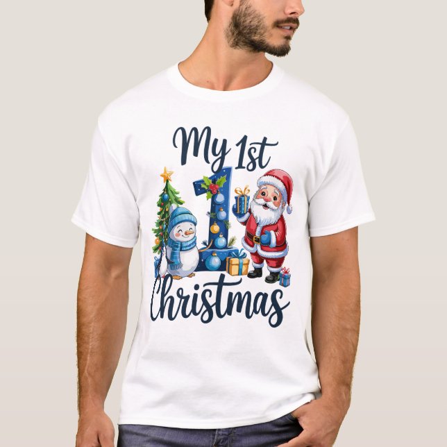 My First 1st Christmas Blue Baby Boy Xmas Snowman T-Shirt (Front)
