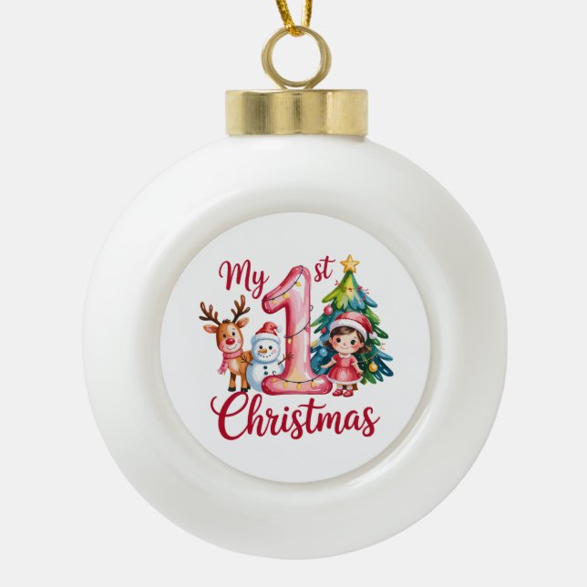 My First 1st Christmas Pink Baby Girl Xmas Snowman Ceramic Ball Christmas Ornament (Front)