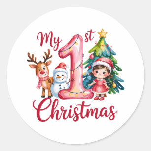 My First 1st Christmas Pink Baby Girl Xmas Snowman Classic Round Sticker