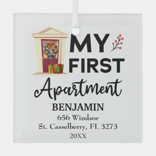 My First Apartment 2025 Custom Names & Address Glass Tree Decoration (Front)