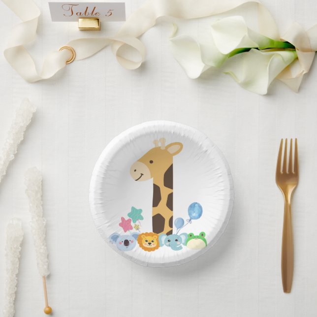 My First Birthday. Giraffe and Happy Animals Desig Paper Plate (Wedding)