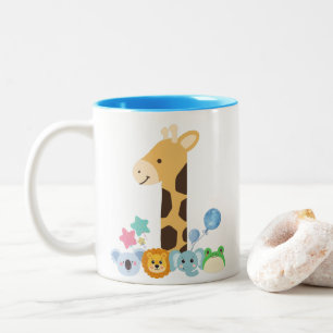My First Birthday. Giraffe and Happy Animals Desig Two-Tone Coffee Mug
