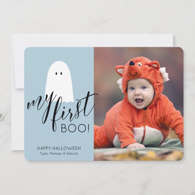 My First Boo Cute Ghost Photo Halloween Blue Holiday Card (Front)