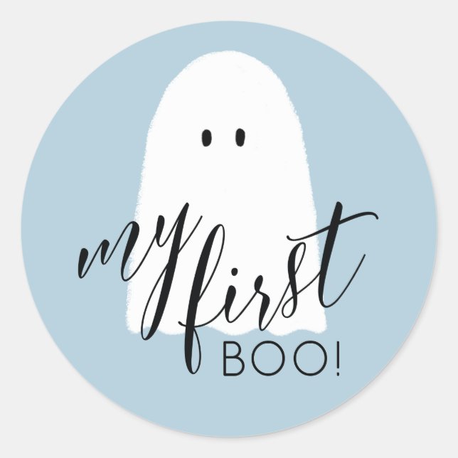 My First Boo Cute Halloween Ghost Blue Classic Round Sticker (Front)
