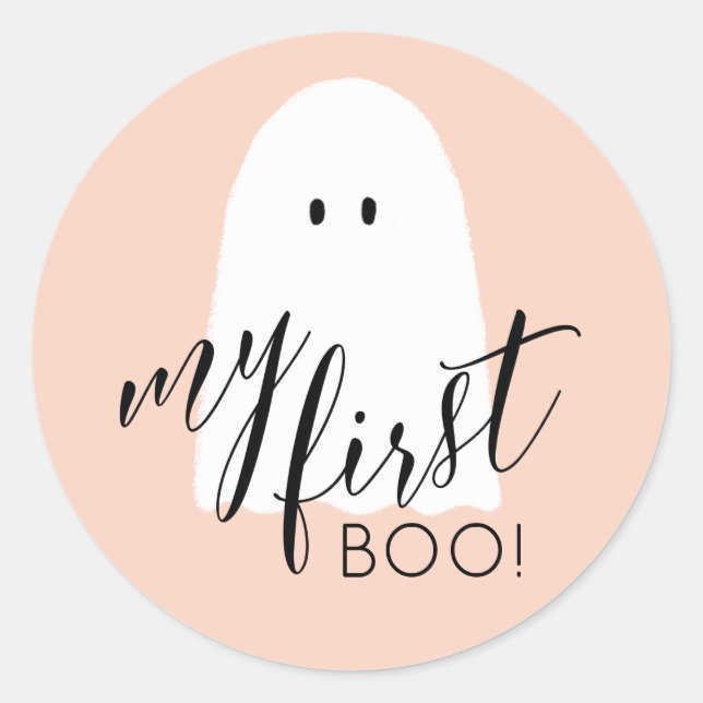 My First Boo Cute Halloween Ghost Peach Classic Round Sticker (Front)