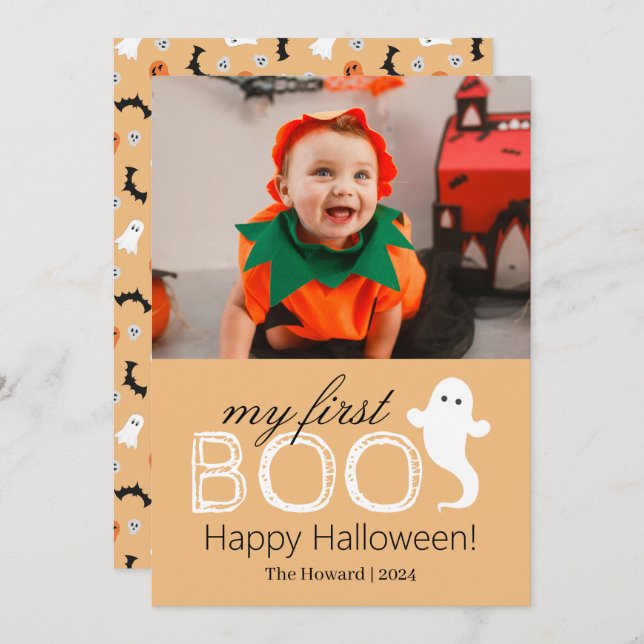 My First Boo! Spooky Cute Halloween Family Photo Holiday Card (Front/Back)