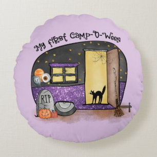 My First Camp-O-Ween – Spooky Black Cat Round Cushion