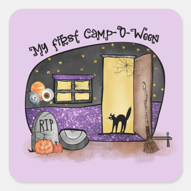 My First Camp-O-Ween – Spooky Black Cat Square Sticker (Front)