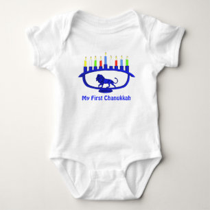 My First Chanukkah - Blue Lion Menorah Baby Bodysuit