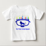 My First Chanukkah Blue Lion Menorah Baby T-Shirt<br><div class="desc">Features a lion-themed Chanukkah menorah with all eight candles and the shamash burning. Customisable text reading "My First Chanukkah" also appears. Chanukkah is the mid-winter "Festival of Lights."</div>