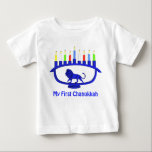 My First Chanukkah - Blue Lion Menorah Baby T-Shirt<br><div class="desc">Chag sameach! A lion-themed Chanukkah menorah,  all the candles have been lit.  Customisable text reading "My First Chanukkah" also appears.</div>
