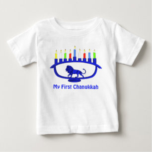 My First Chanukkah - Blue Lion Menorah Baby T-Shirt