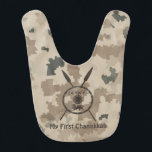 My First Chanukkah - Desert Bib<br><div class="desc">A military brown "subdued" style depiction of a Maccabee's shield and two spears on a desert camo background. The shield is adorned by a lion and text reading "Yisrael" (Israel) in the Paleo-Hebrew alphabet. Text reading "My First Chanukkah" also appears. On the reverse side a similarly "subdued" flag of Israel...</div>