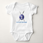 My First Chanukkah Maccabee Baby Bodysuit<br><div class="desc">A depiction of a Maccabee's shield and two spears. The shield is adorned by a lion and text reading "Yisrael" (Israel) in the Paleo-Hebrew alphabet. Customisable text reading "My First Chanukkah" also appears. The Maccabees were Jewish rebels who freed Judea from the yoke of the Seleucid Empire. Chanukkah is not...</div>