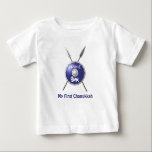 My First Chanukkah - Maccabee Shield And Spears Baby T-Shirt<br><div class="desc">Chag Sameach! A depiction of a Maccabee's shield and two spears. The shield is adorned by a lion and text reading "Yisrael" (Israel) in the Paleo-Hebrew alphabet. Customisable text reading, "My First Chanukkah" also appears. The Maccabees were Jewish rebels who freed Judea from the yoke of the Seleucid Empire. Chanukkah...</div>