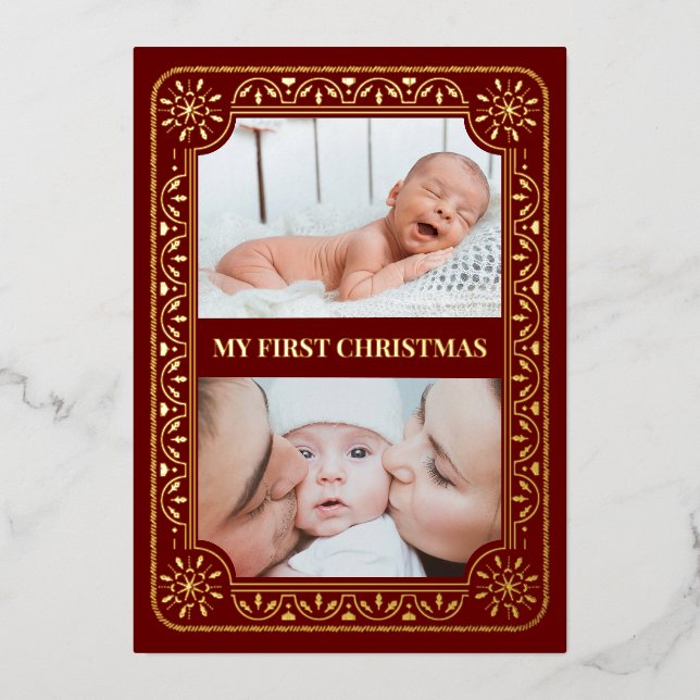  My First Christmas 2 Photo Keepsake Gold Foil Holiday Card (Front)