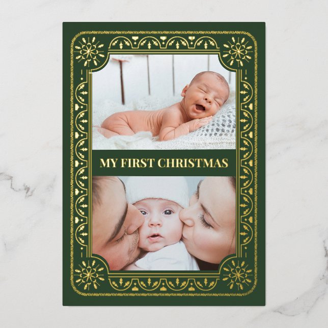  My First Christmas 2 Photo Keepsake Gold Foil Holiday Card (Front)
