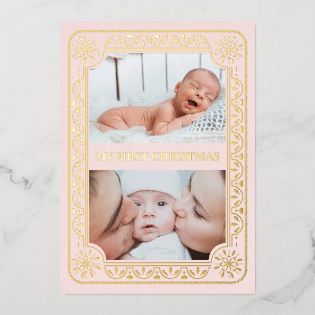  My First Christmas 2 Photo Keepsake Gold Foil Holiday Card (Front)