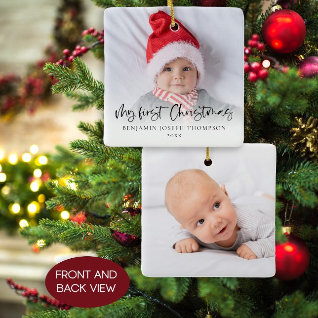 My First Christmas 2 Photos Script Baby Ceramic Ornament (front and back view)