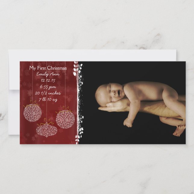 My First Christmas 3 White Ornaments Holiday Card (Front)