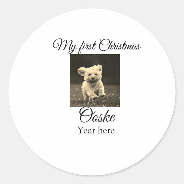 My first Christmas add pet name date year photo  Classic Round Sticker (Front)