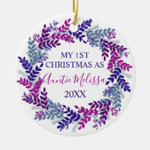 My First Christmas as Auntie Year Purple Wreath Ceramic Tree Decoration
