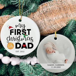 My first Christmas as dad with name and photo Ceramic Tree Decoration
