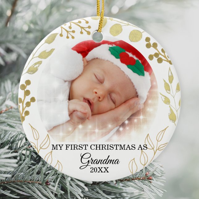 My First Christmas As Grandma Photo Gold Foliage Ceramic Tree Decoration (Creator Uploaded)