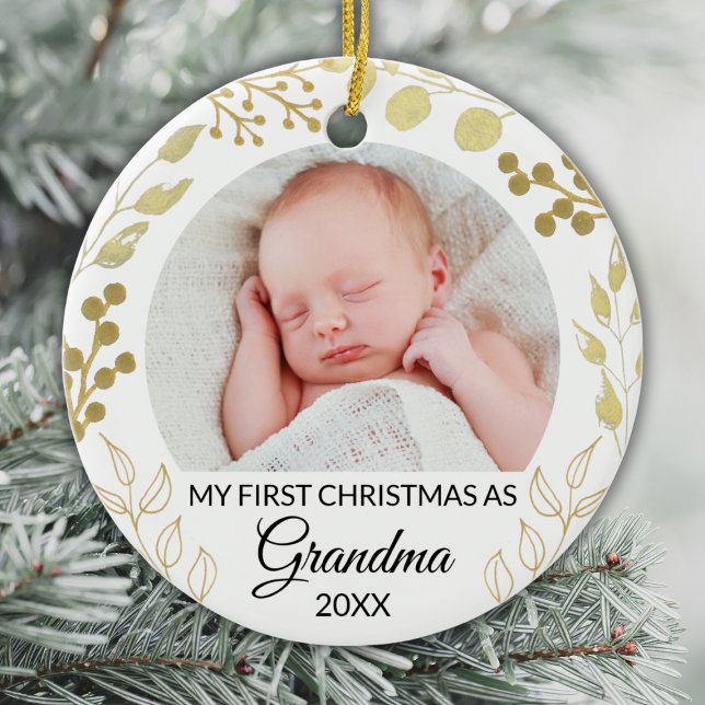 My First Christmas As Grandma Photo Gold Foliage Ceramic Tree Decoration (Creator Uploaded)