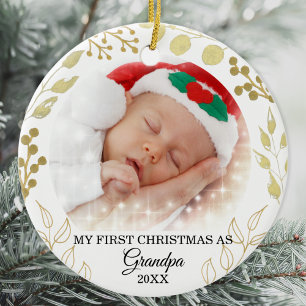 My First Christmas As Grandpa Photo Gold Foliage Ceramic Tree Decoration