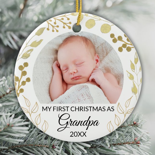 My First Christmas As Grandpa Photo Gold Foliage Ceramic Tree Decoration (Creator Uploaded)
