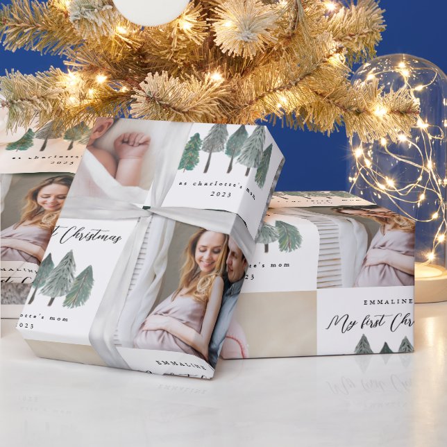 My First Christmas as Mum Photo Collage Pine Trees Wrapping Paper (Holidays)