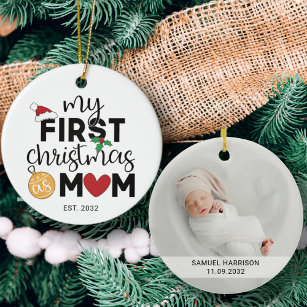 My first Christmas as mum with name and photo Ceramic Tree Decoration