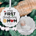 My first Christmas as mum with name and photo Tree Decoration Card<br><div class="desc">Show your happiness for your first Christmas as a mum with this lovely first Christmas ornament decorated with a red Santa hat,  holly leaves,  and colourful Christmas lights. Easily customisable with your baby's name and date of birth and one of your favourite pictures on the reverse.</div>