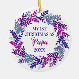 My First Christmas as Papa Year Purple Wreath Ceramic Tree Decoration