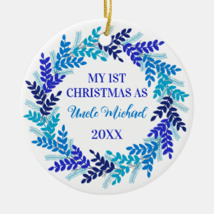 My First Christmas as Uncle Elegant Blue Wreath Ceramic Tree Decoration