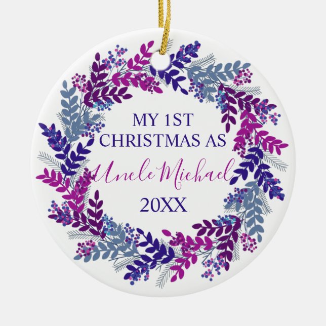 My First Christmas as Uncle Purple Wreath Ceramic Tree Decoration (Front)