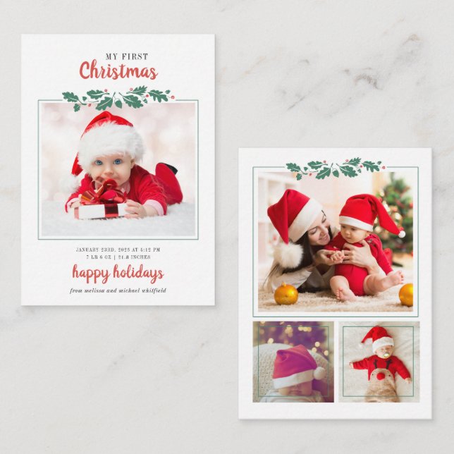 My First Christmas Baby Birth Photo Holiday Card (Front/Back)