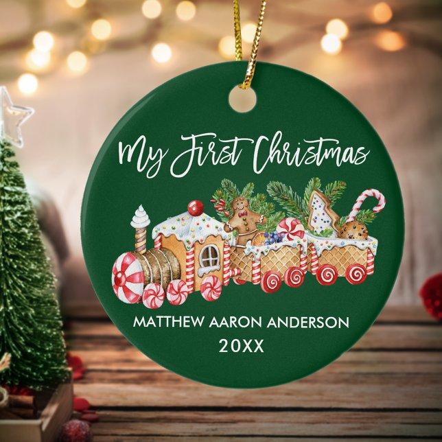 My First Christmas Baby Gingerbread Train Green Ceramic Tree Decoration (Baby's First Christmas Candy Cane Train Ornament)