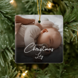 My First Christmas Baby Girl Stats Photo Script Ceramic Ornament