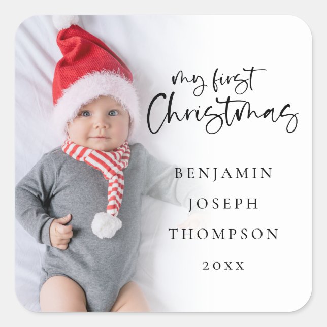 My First Christmas Baby Name Year Photo Overlay  Square Sticker (Front)
