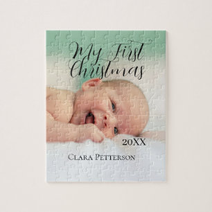My first Christmas baby photo add name year modern Jigsaw Puzzle