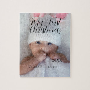 My first Christmas baby photo add name year modern Jigsaw Puzzle