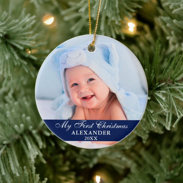 My First Christmas Baby Photo Blue Ceramic Tree Decoration (Tree)