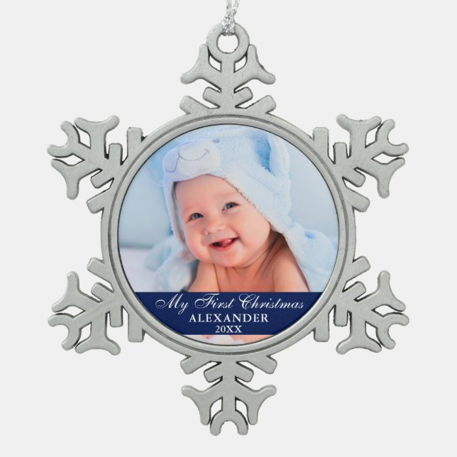 My First Christmas Baby Photo Blue Snowflake Pewter Christmas Ornament (Front)