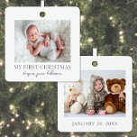 My First Christmas Baby Photo Double Sided Metal Tree Decoration<br><div class="desc">This simple and elegant boho-inspired square Christmas ornament is a sweet way to celebrate a baby's first holiday season. The design features space for one baby photo on the front and one on the back, making it a double-sided keepsake filled with precious memories. "My First Christmas" is displayed underneath the...</div>
