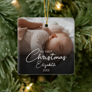 My First Christmas Baby Photo Elegant Script Ceramic Ornament