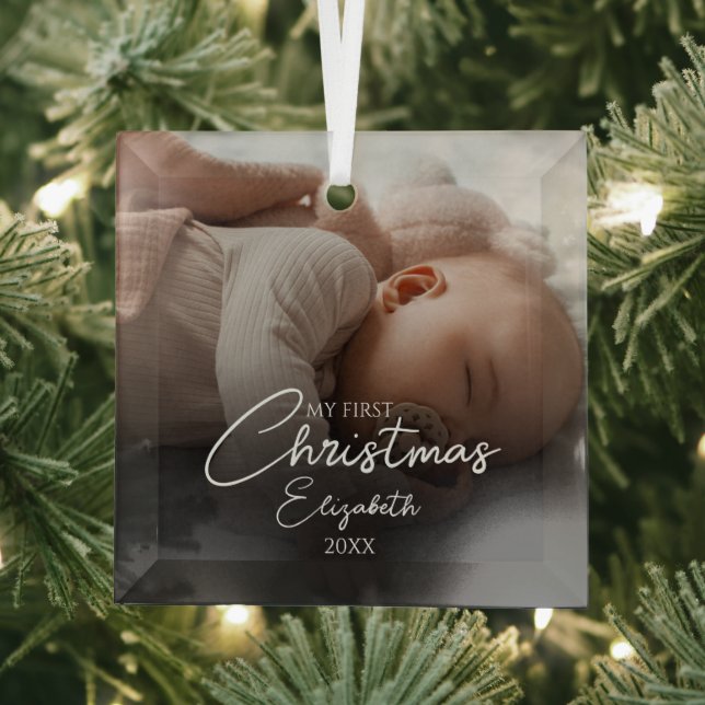 My First Christmas Baby Photo Elegant Script Glass Tree Decoration (Insitu)